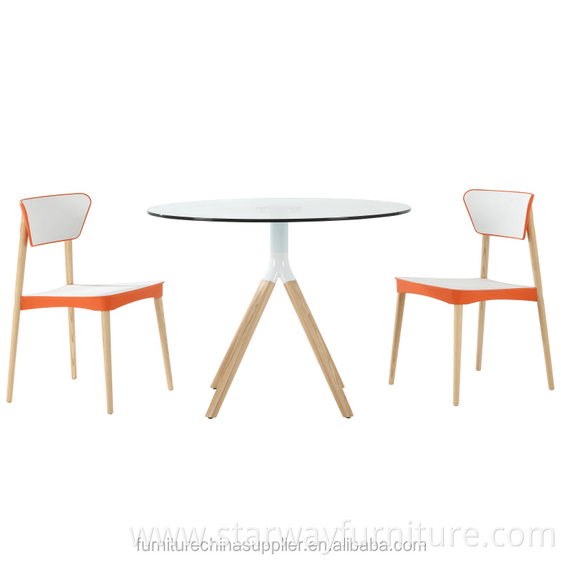 Modern original round glass and wood dining table for living room and restaurant